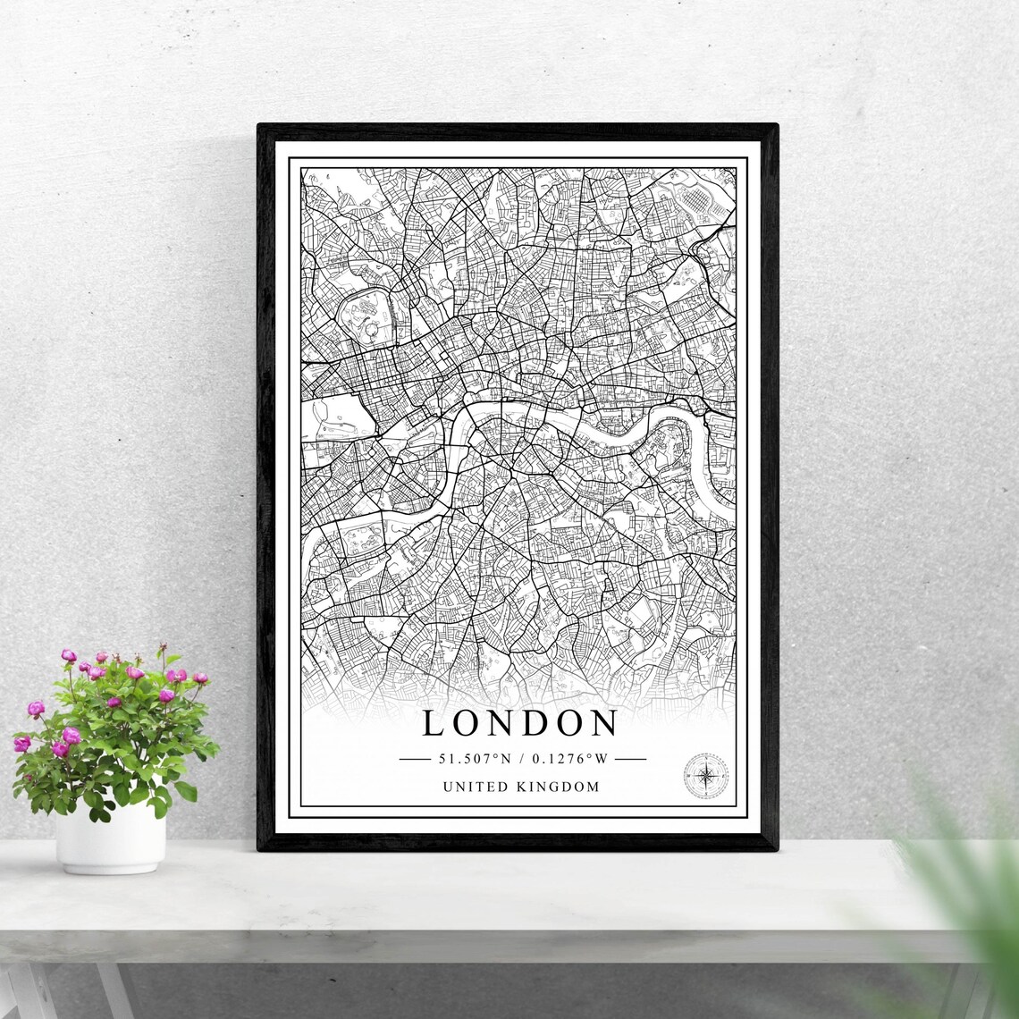 London City Map Poster, Black and White United Kingdom Travel Decor