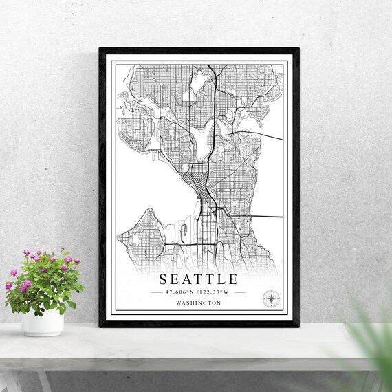 Seattle Washington Black And White Minimalist Street Map Wall Art