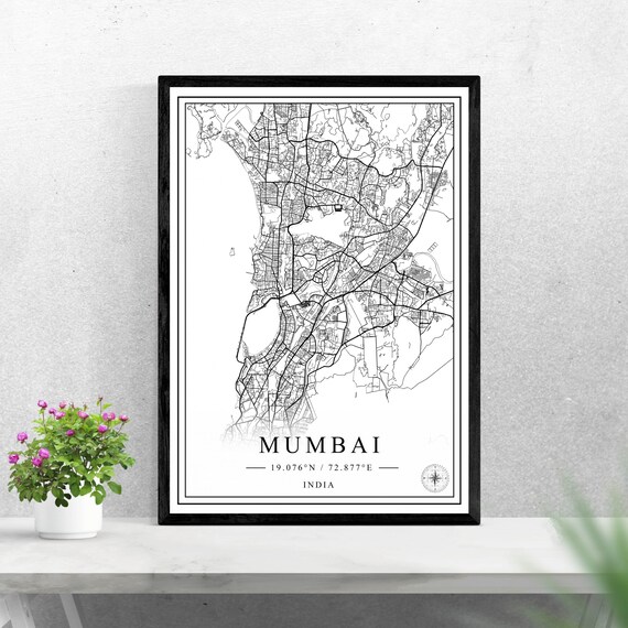 Mumbai India Black and White City Map Poster with Coordinates Art