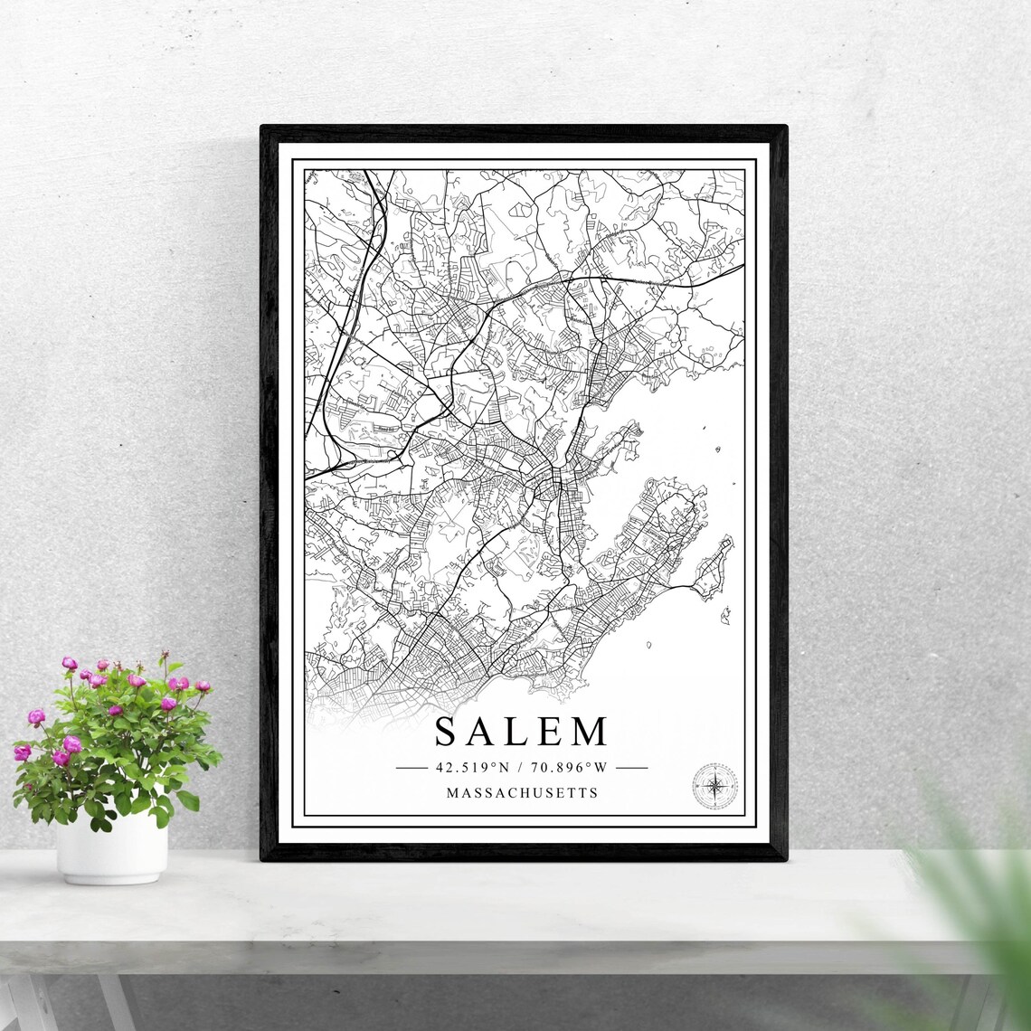 Salem Massachusetts Street Map Black And White City Map Poster
