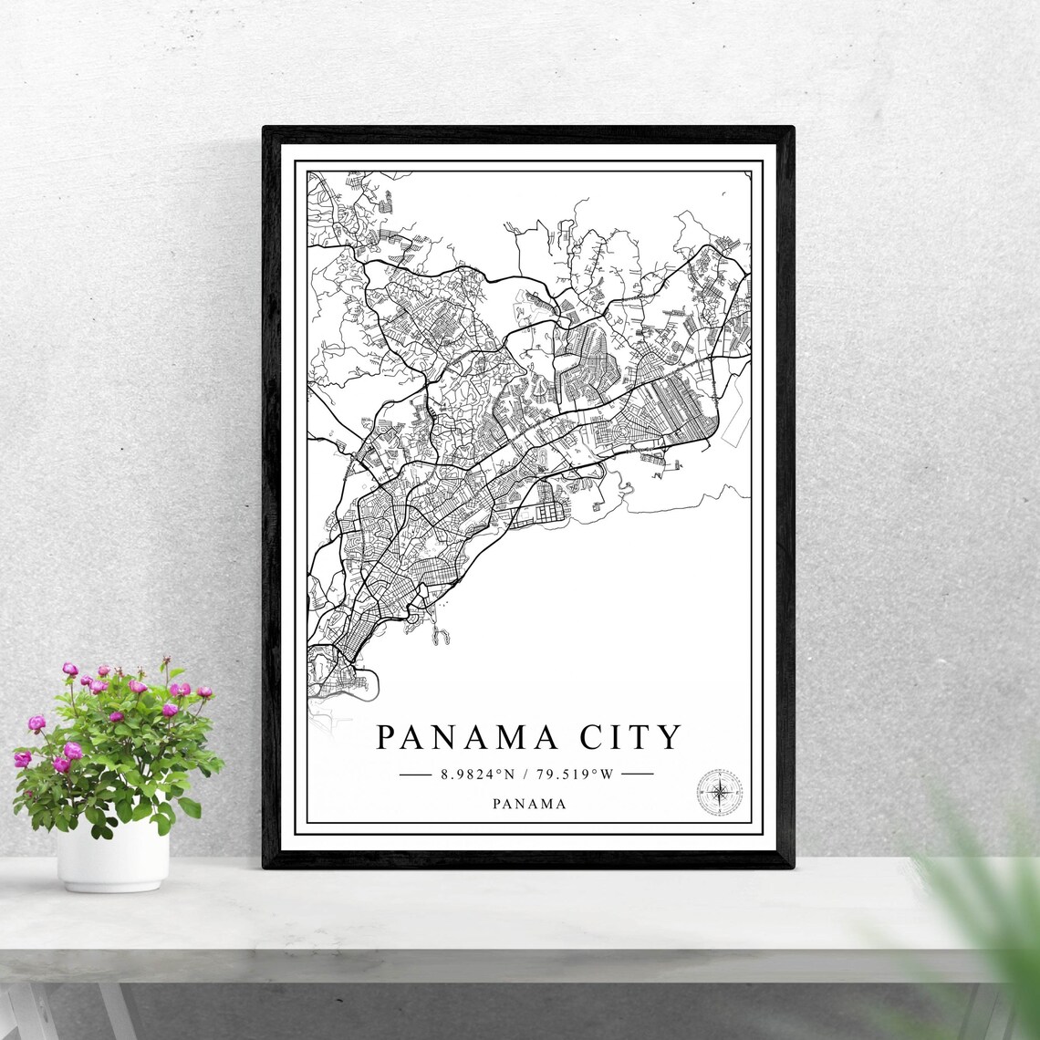 Panama City Panama Black And White Street Map With Coordinates Art Poster