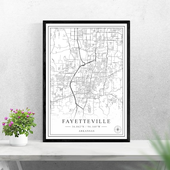 Fayetteville Arkansas Black and White City Map Coordinates Poster