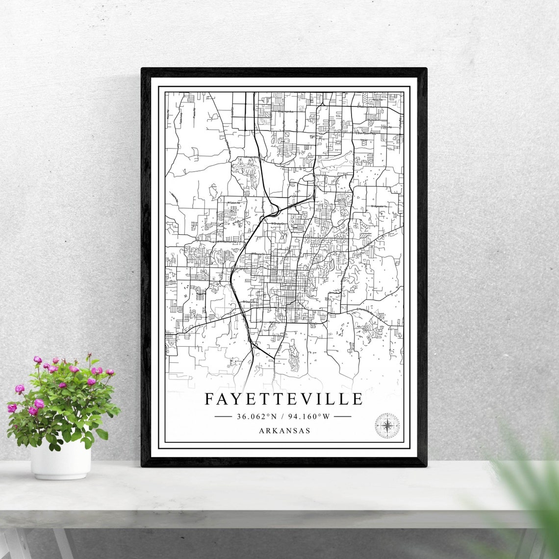 Fayetteville Arkansas Black and White City Map Coordinates Poster