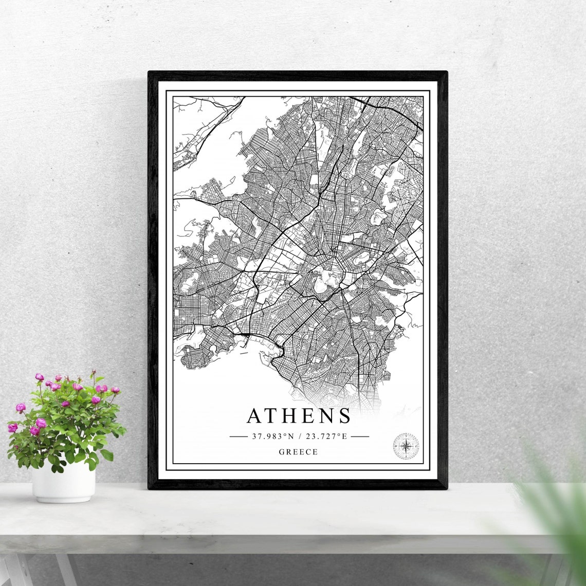 Athens Greece Black And White Minimalist Street Map Wall Art