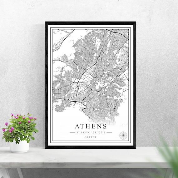 Athens Greece Black And White Minimalist Street Map Wall Art