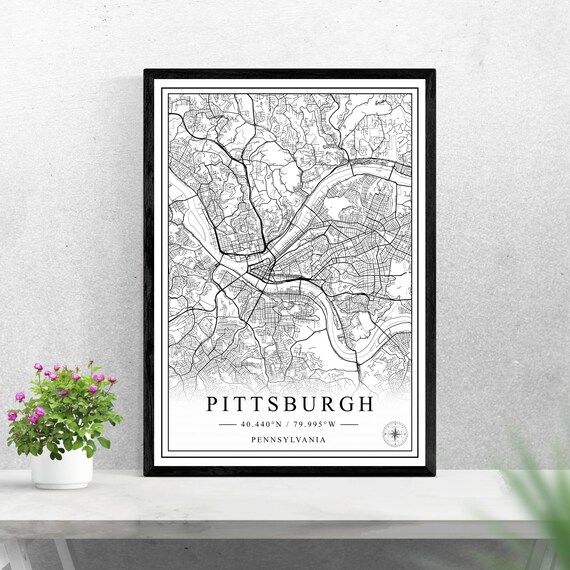 Pittsburgh Pennsylvania City Street Map Black White Art Poster