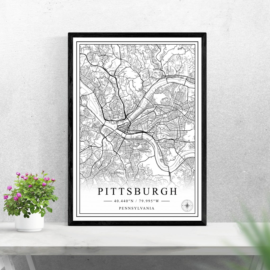 Pittsburgh Pennsylvania City Street Map Black White Art Poster