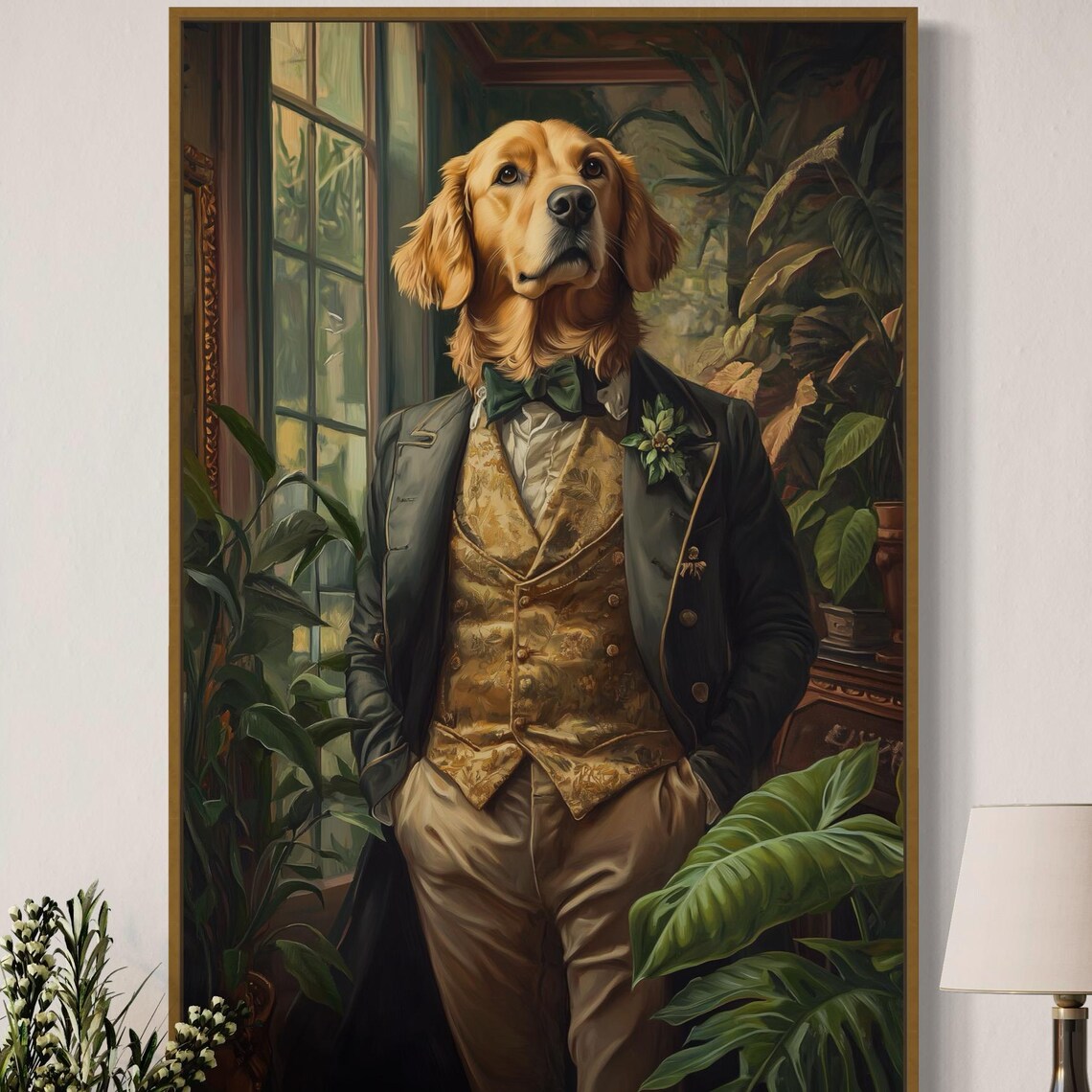 Golden Retriever Gentleman in Tailcoat Among Tropical Plants Poster