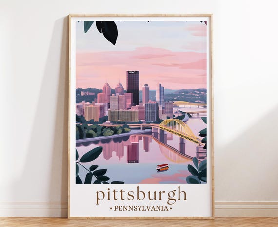 Pittsburgh Pennsylvania Skyline Art Cityscape Travel Poster Urban Landscape Wall Decor River Scene Illustration