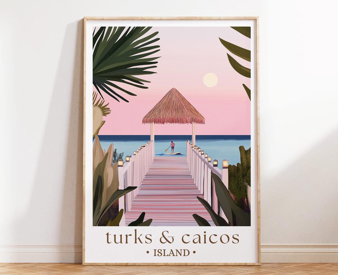 Turks & Caicos Island Boardwalk Pink Sunset Tropical Travel Poster