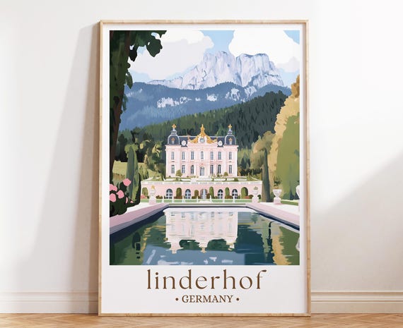 Linderhof Germany Art Print Palace Landscape Poster European Architecture Illustration Scenic Garden Wall Decor