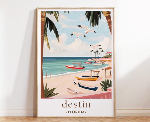 Destin Florida Poster Emerald Coast Wall Art Beach Town Travel Print Ocean View Illustration Coastal Southern Decor