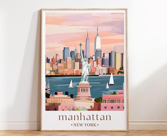 Manhattan New York Poster Statue Of Liberty Sunset Skyline Sailboats