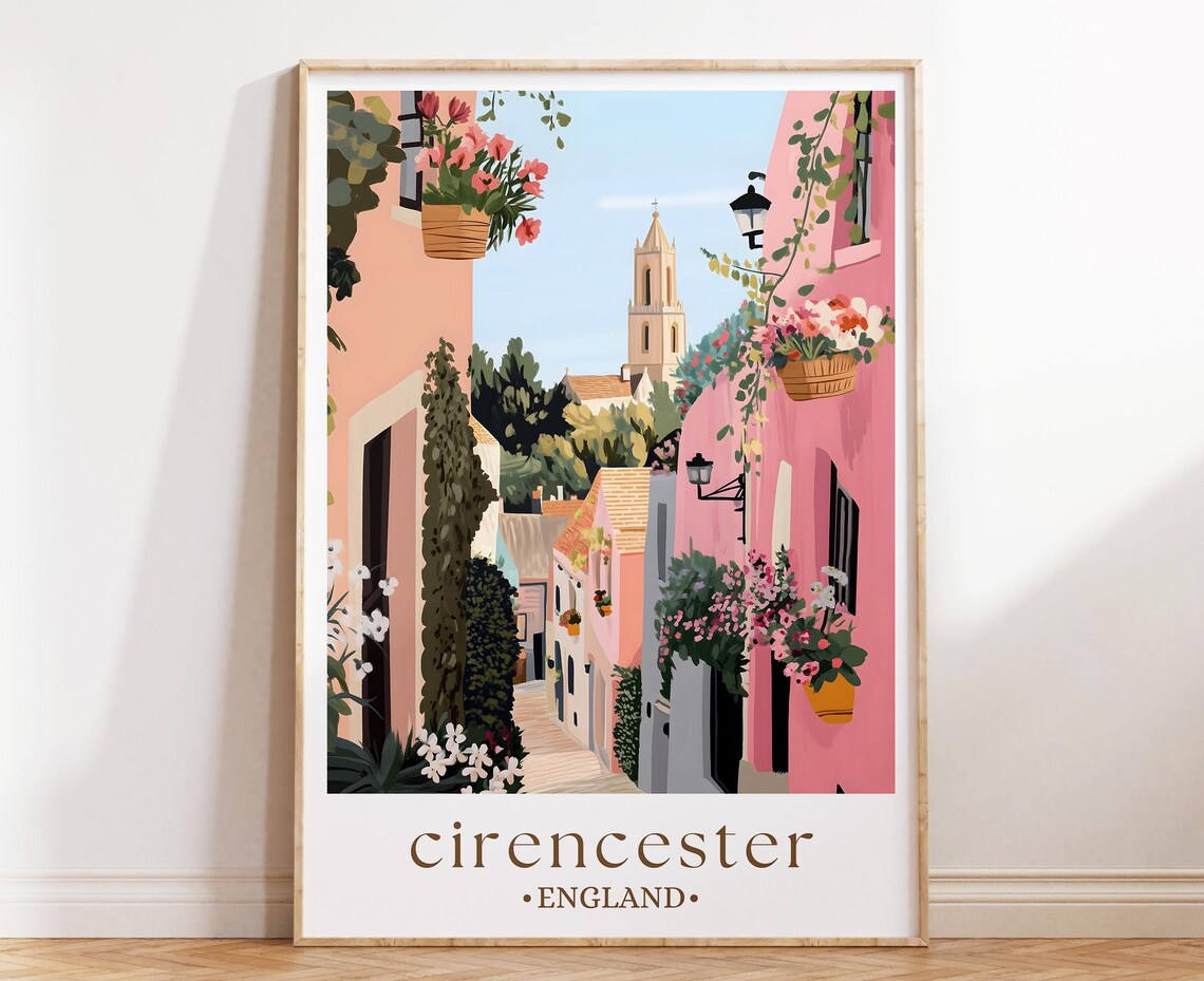 Cirencester England Poster Cotswolds Pink Lane Church Spire Flowers