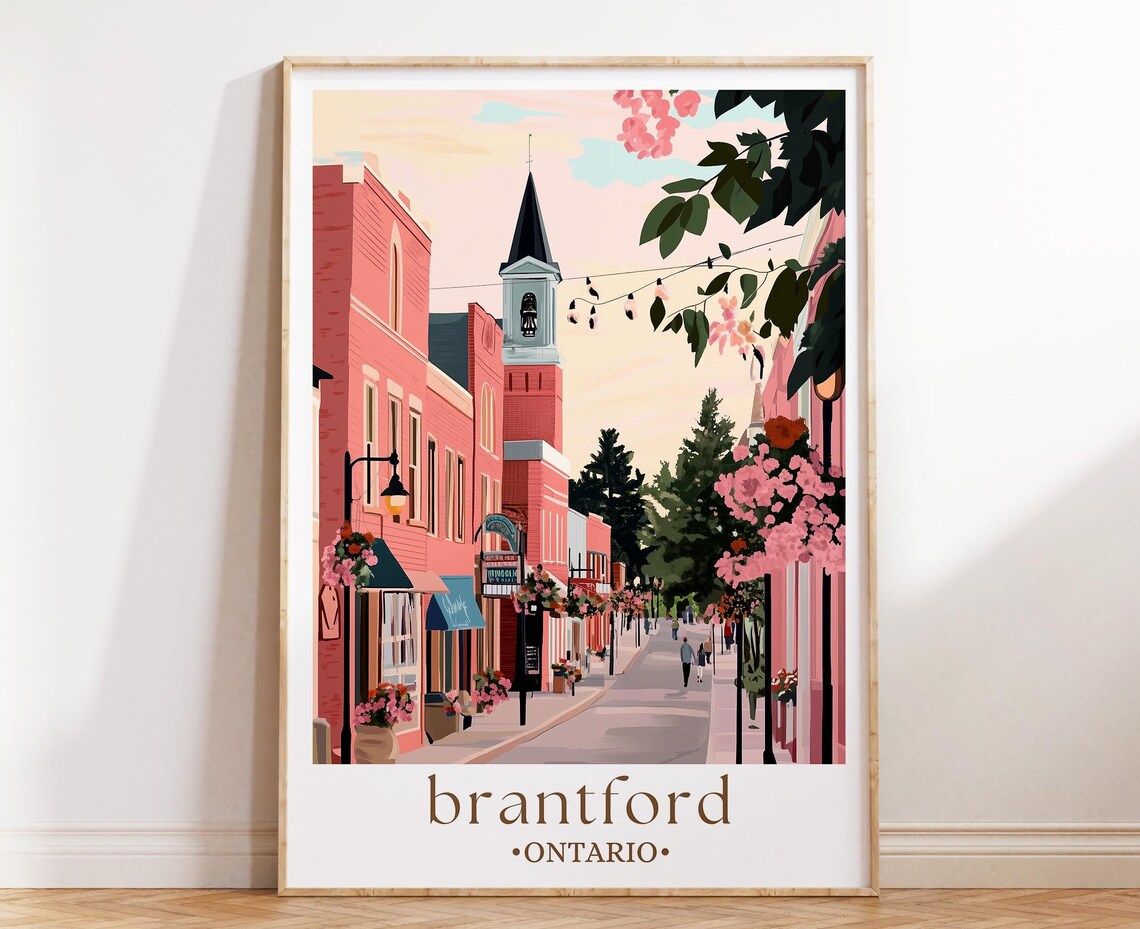 Brantford Ontario Pink Historic Street Church Tower Travel Poster