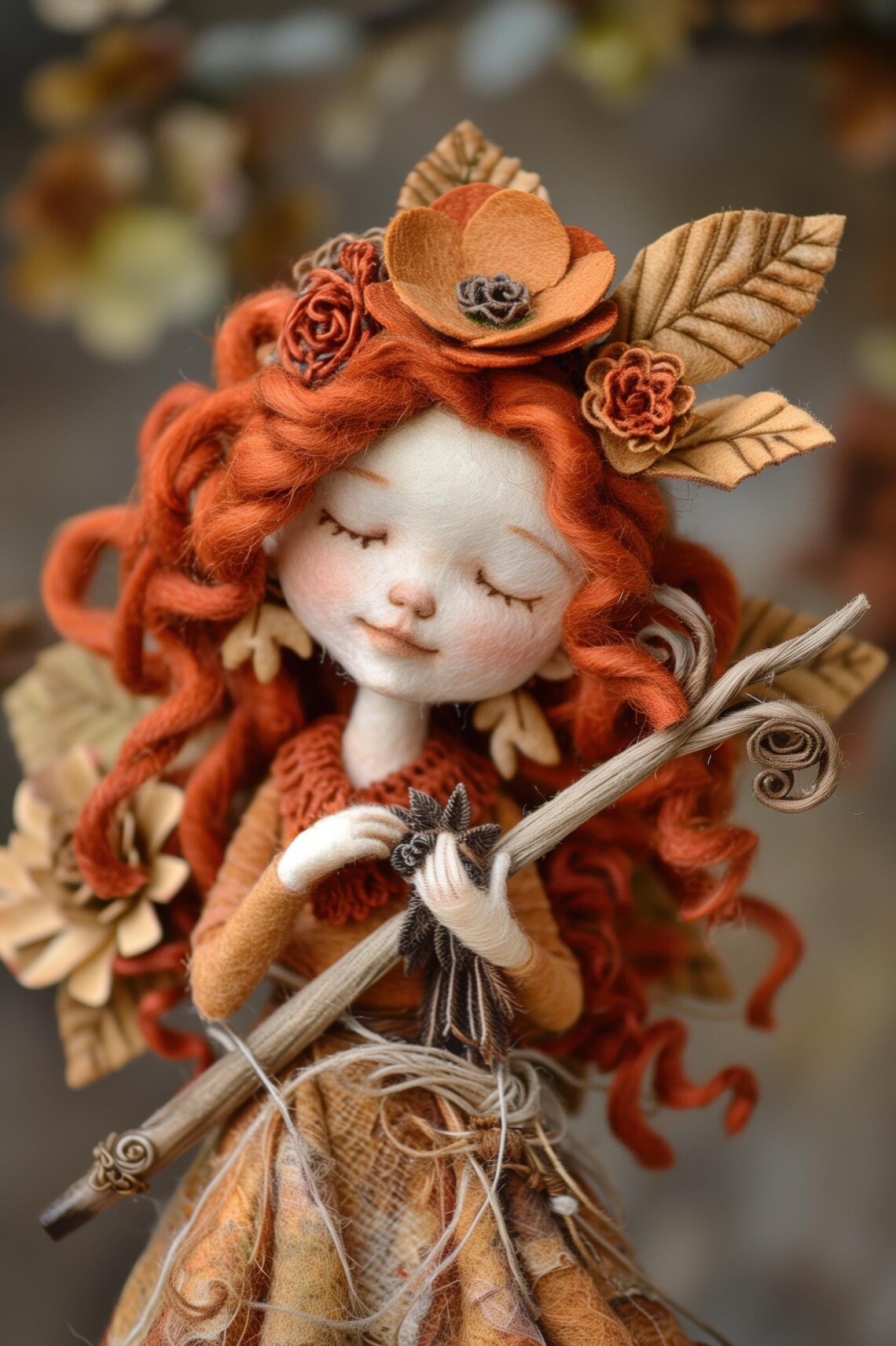 Autumn Fairy Redhead Doll Girl Leaves Hair Twig Staff Whimsical Art Print - Image 4