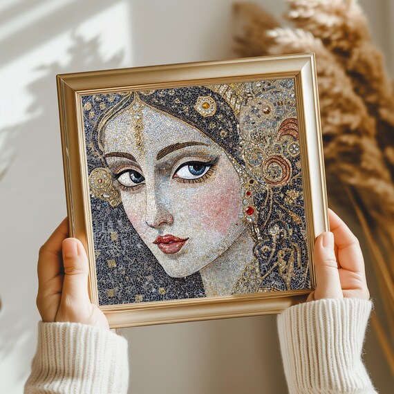 Mosaic Portrait Blue Eyed Woman Gold Jewelry Ornate Dark Wall Poster