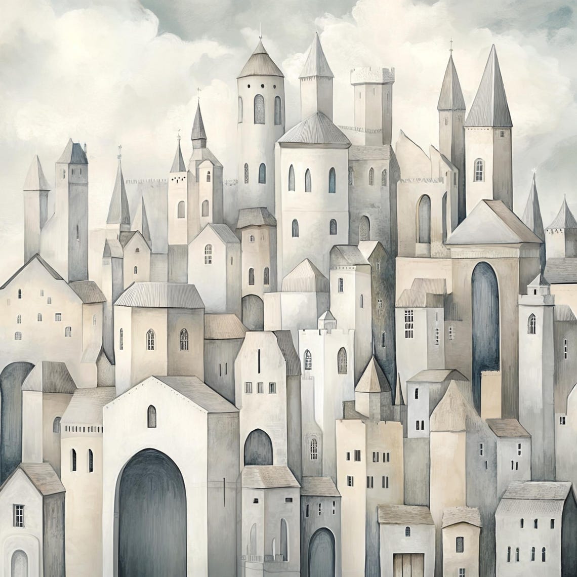 Monochrome Medieval Hilltop Castle Town Neutral Watercolor City Poster - Image 3