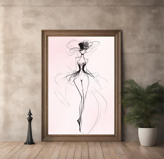 Minimalist Line Art Dancer Sketch Flowing Dress Modern Wall Art