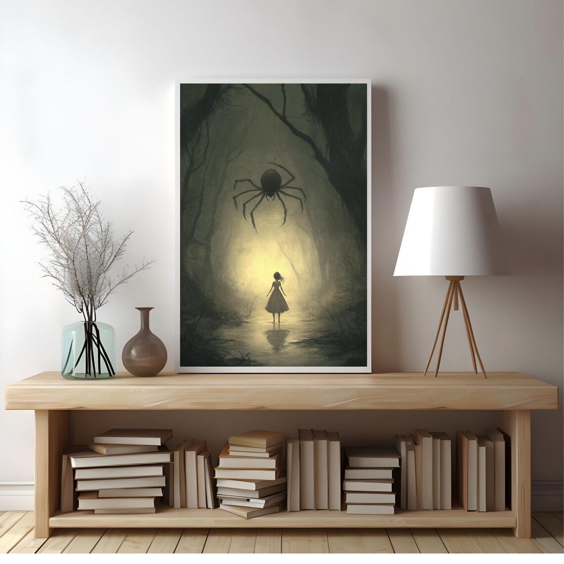 Girl Facing Giant Spider In Misty Swamp Eerie Fantasy Fairytale Art Poster - Image 2