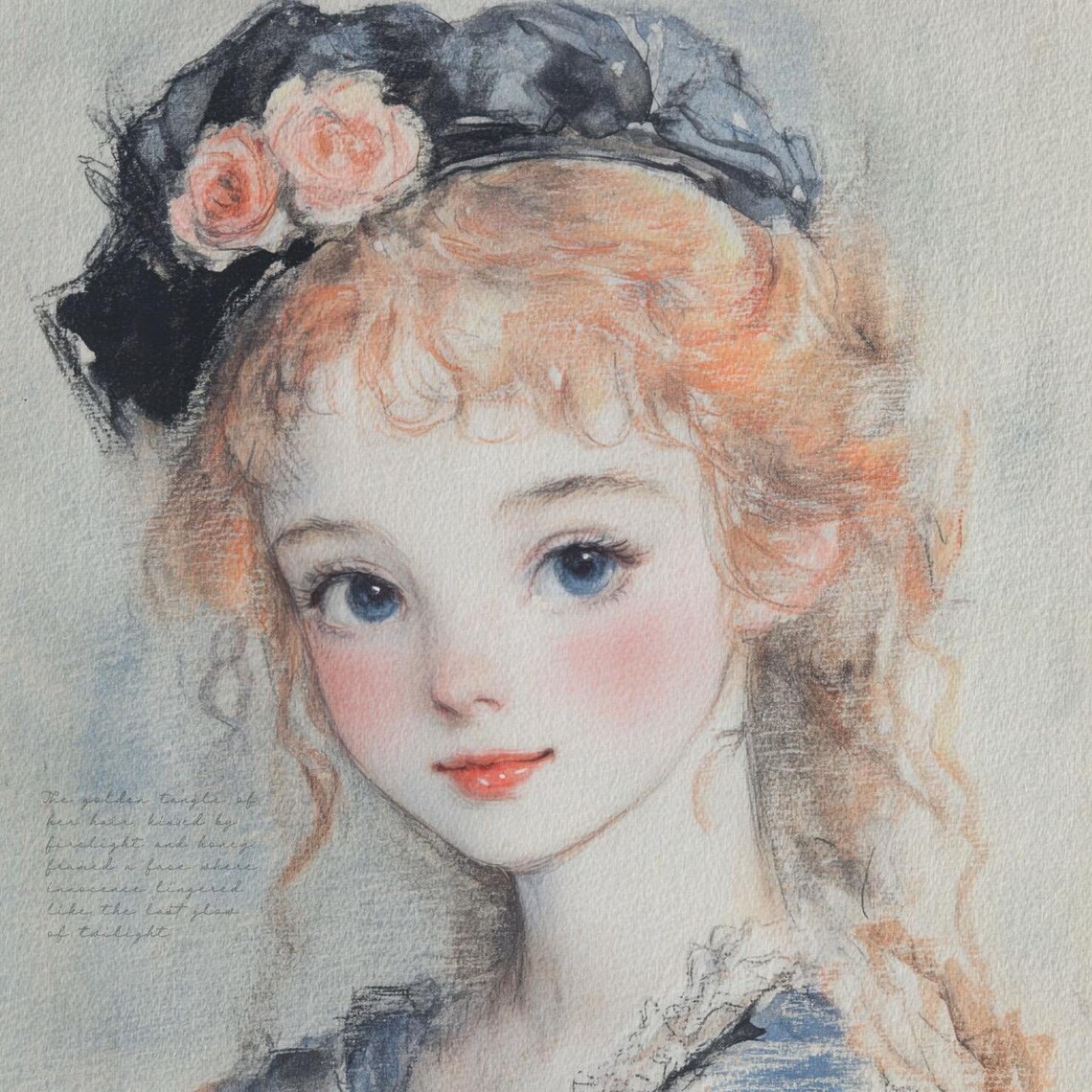 Whimsical Watercolor Portrait Red Curly Hair Girl Roses Hat Poster - Image 3