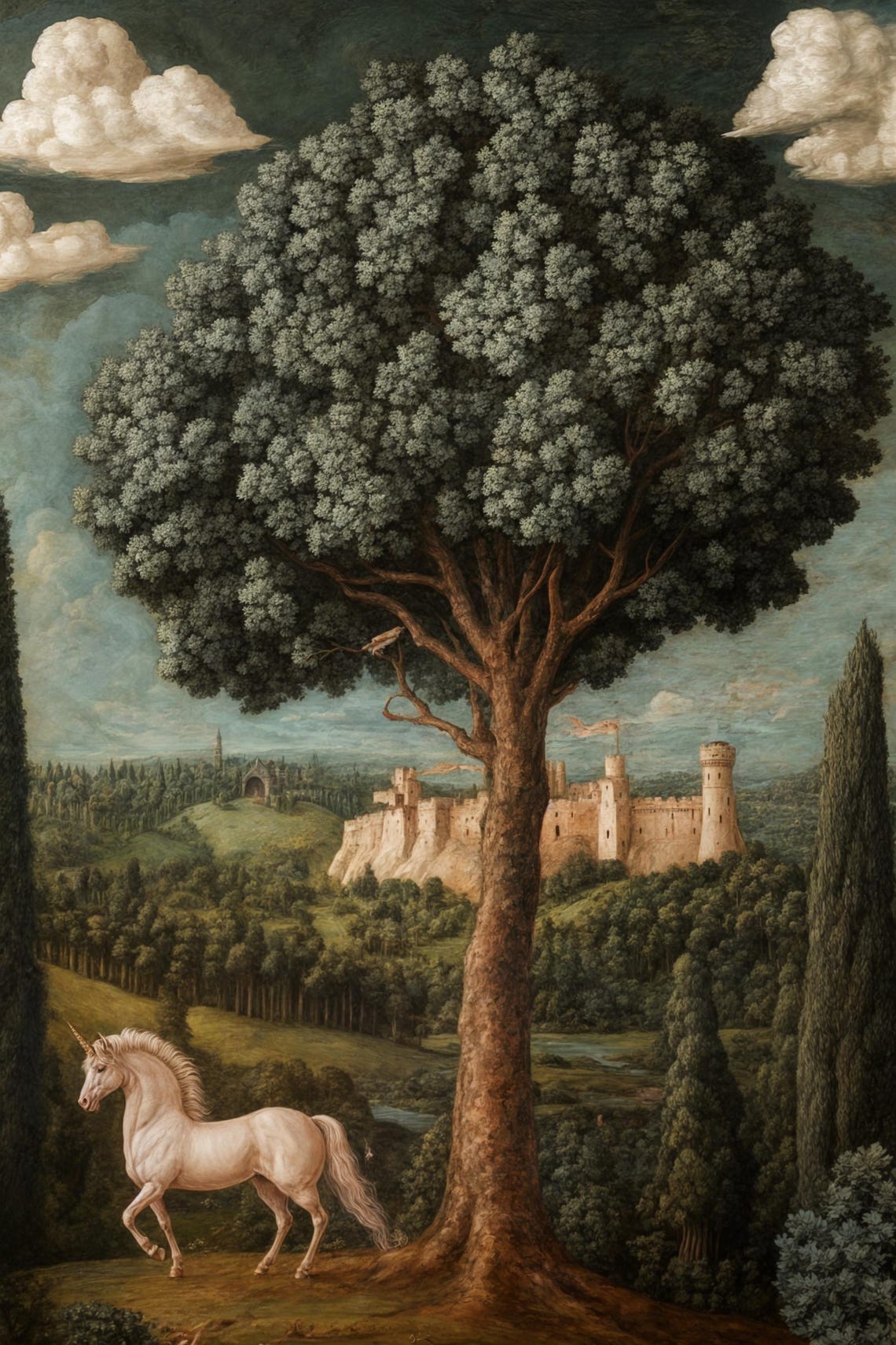 Medieval White Unicorn Under Great Tree Castle Landscape Fantasy Print - Image 3