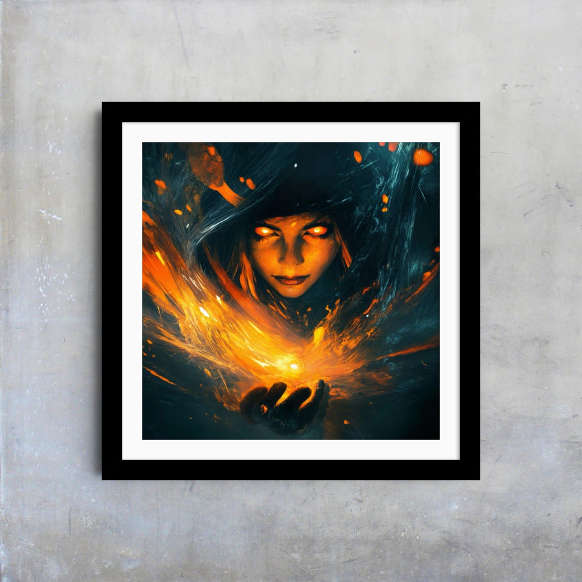 Fire Witch Sorceress Glowing Eyes Flames Dark Fantasy Wall Art - Image 4