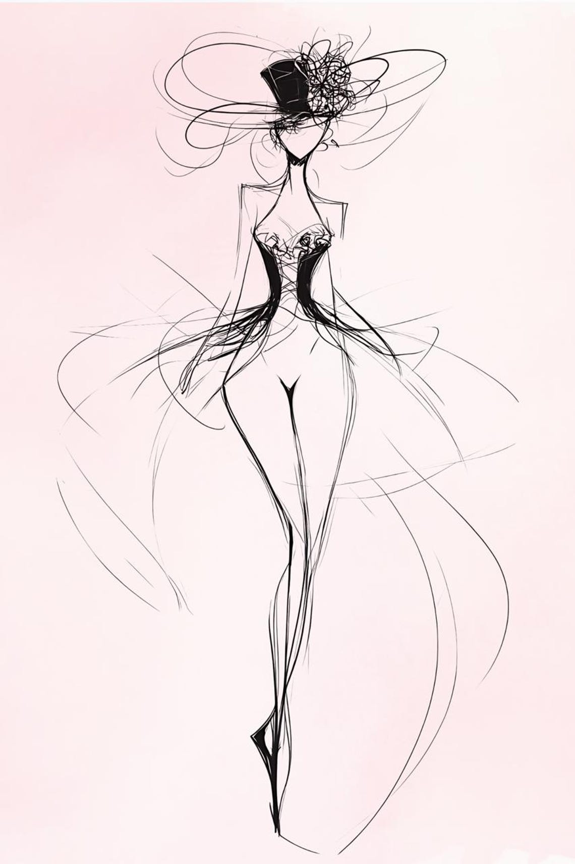 Minimalist Line Art Dancer Sketch Flowing Dress Modern Wall Art - Image 3
