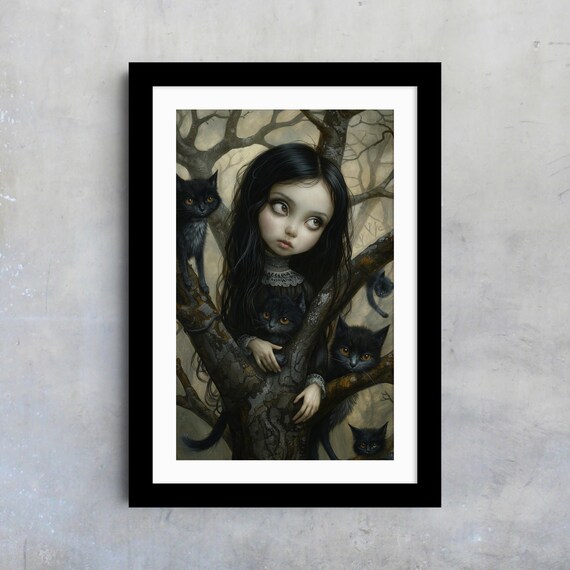Gothic Girl In Tree With Black Cats Dark Fantasy Fairytale Art Poster
