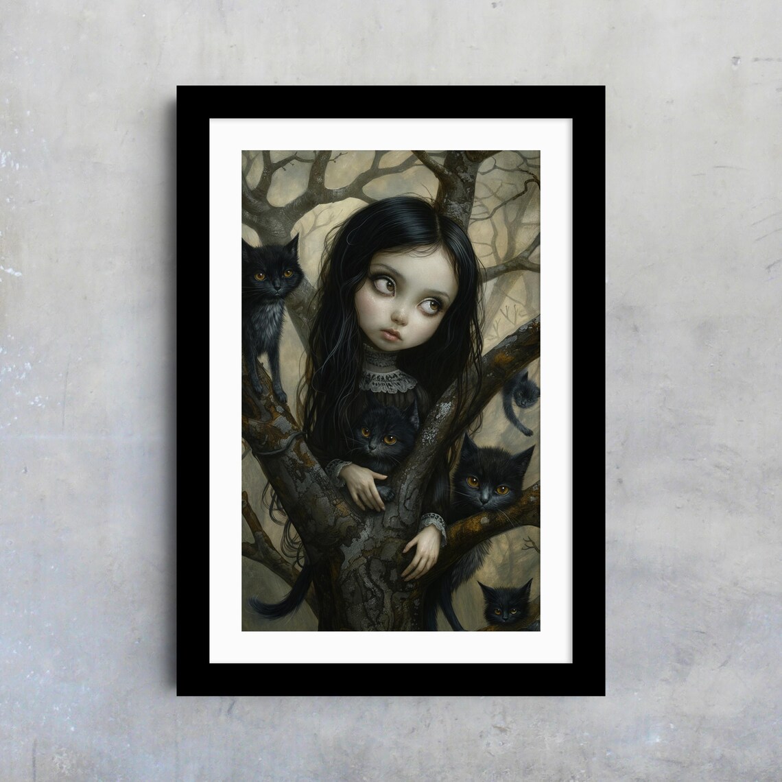 Gothic Girl In Tree With Black Cats Dark Fantasy Fairytale Art Poster