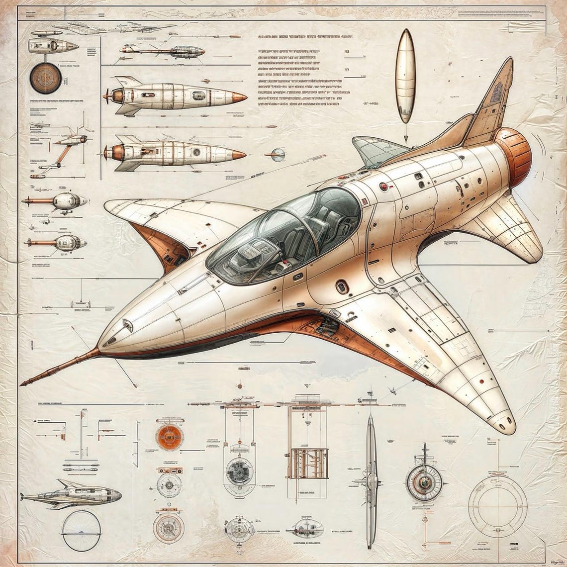 Vintage Spaceship Blueprint Retro Futuristic Spacecraft Art Poster - Image 3