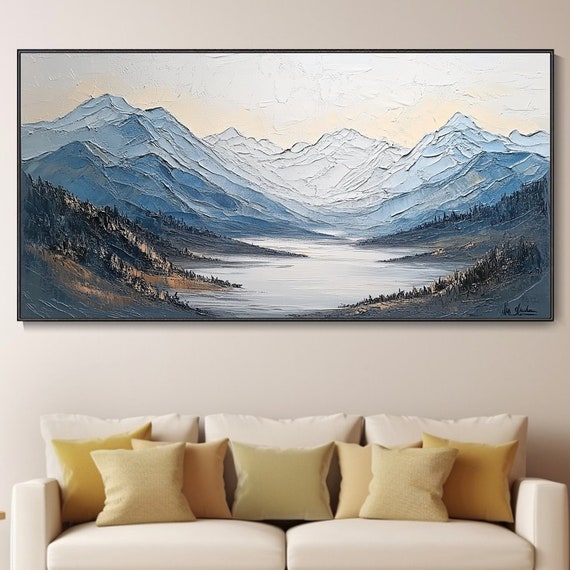 Large Serene Mountain Lake 3dtextured Oil Painting Tranquil Nature Scene Handmade Art Home Dcor Unique Gift Living Room Wall Art