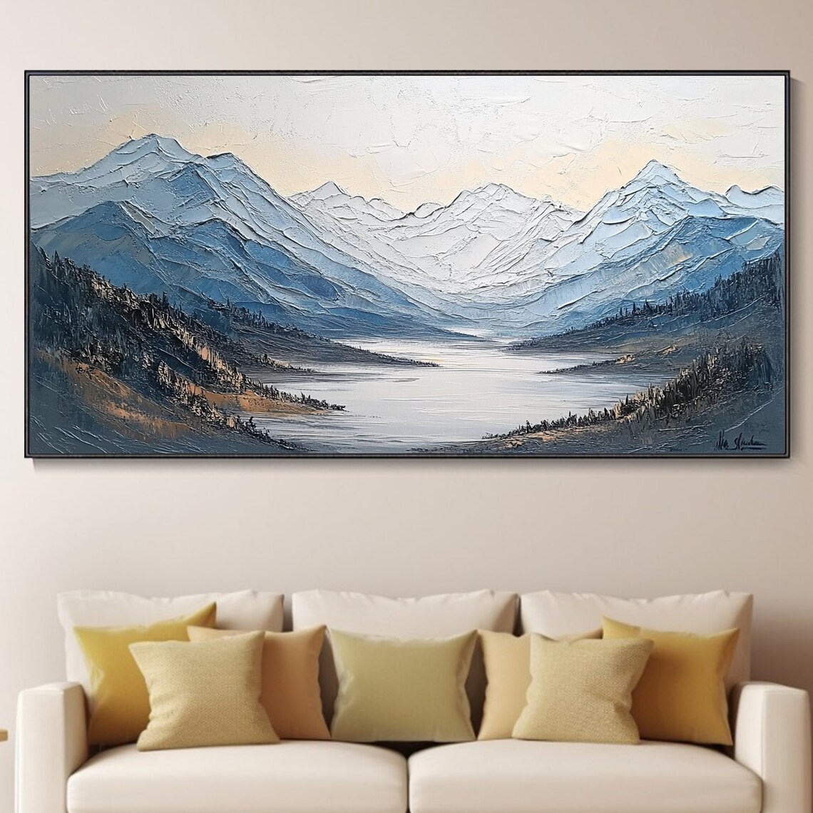 Serene Snowy Mountain Valley Lake Misty Blue Landscape Art Poster