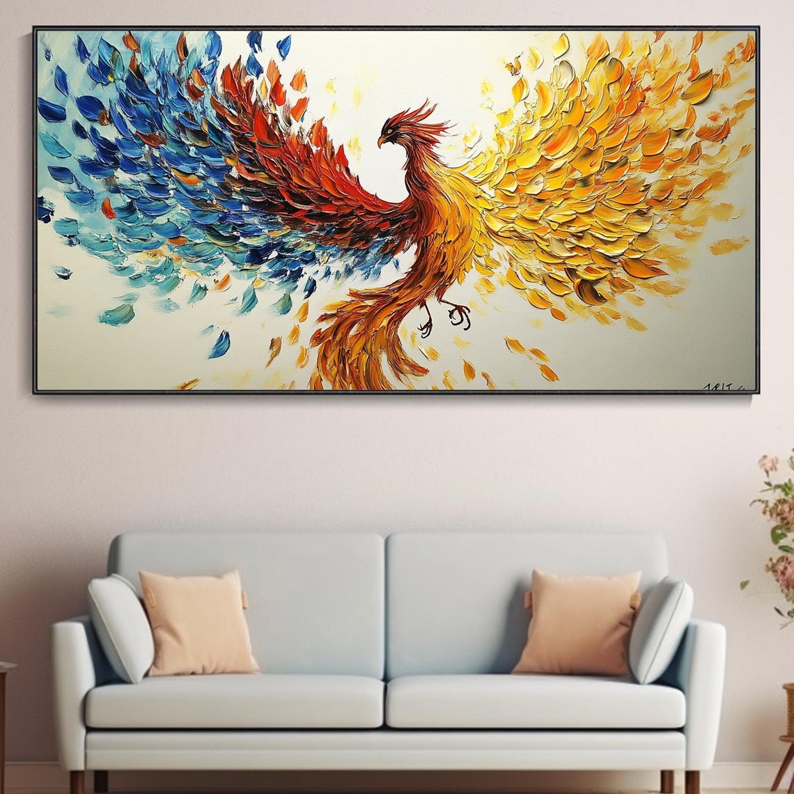 Phoenix In Flight Red Gold And Blue Feathers Bold Impasto Poster