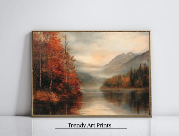 Rustic Fall Lake Landscape Print Art Print Moody Autumn Oil Painting Wall Art