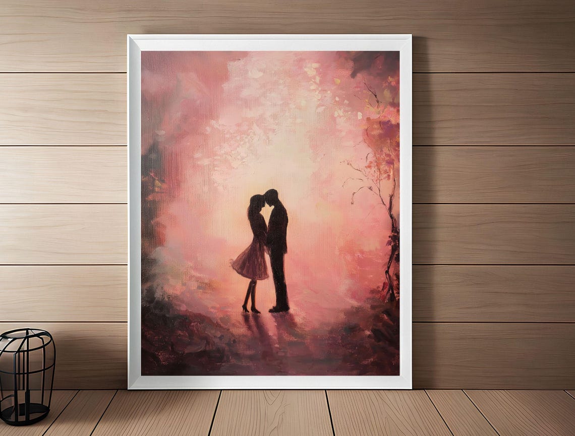 Romantic Couple Silhouette Blush Pink Forest Kiss Art Painting Print - Image 3