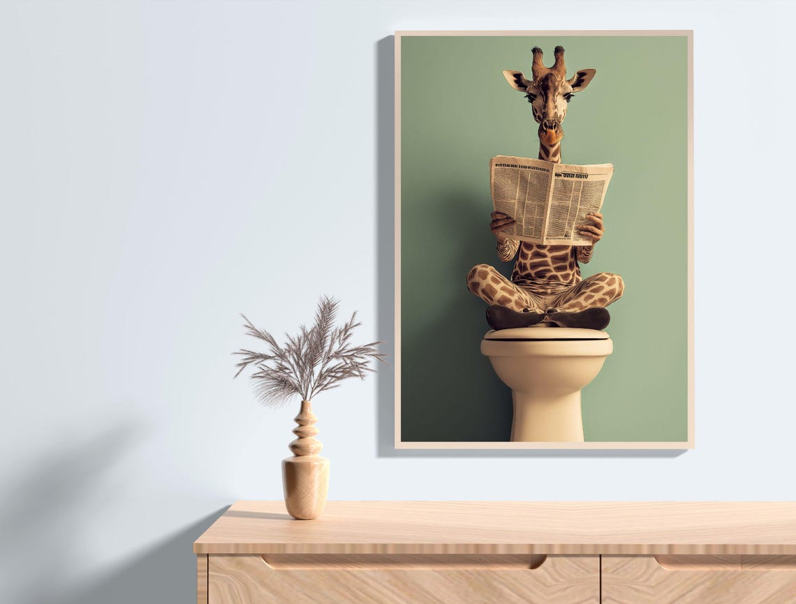Funny Giraffe on Toilet Reading Newspaper Bathroom Art Print - Image 3