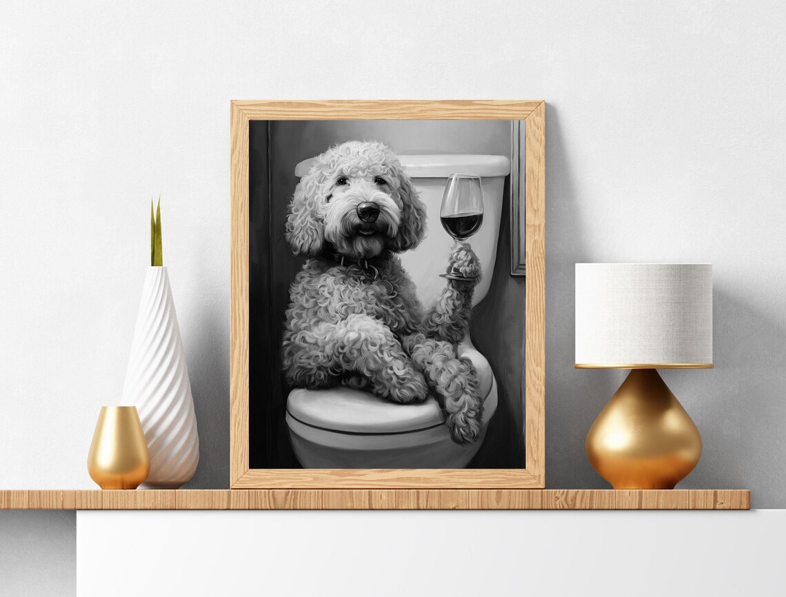 Black And White Doodle Dog On Toilet With Wine Glass Funny Poster - Image 5