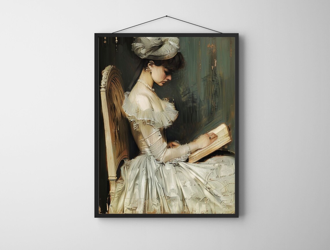 Antique Portrait of Woman Reading Vintage Elegant Lady Oil Poster - Image 5