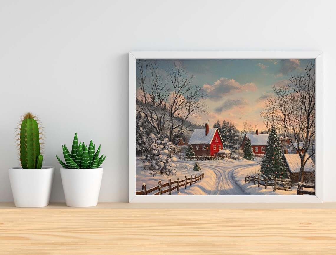 Snowy Christmas Village Farmhouse Red Barn Winter Landscape Poster - Image 3