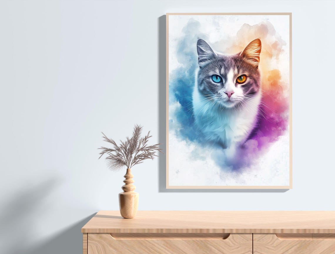 Gray Watercolor Cat Portrait Odd Eyes Pastel Splash Art Print - Image 2
