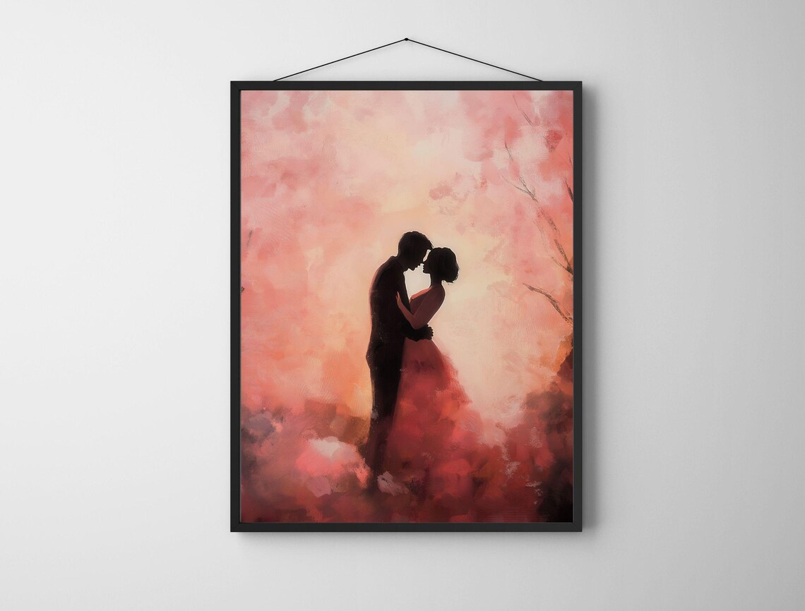 Romantic Couple Embrace Blush Pink Blossom Silhouette Art Print - Image 6