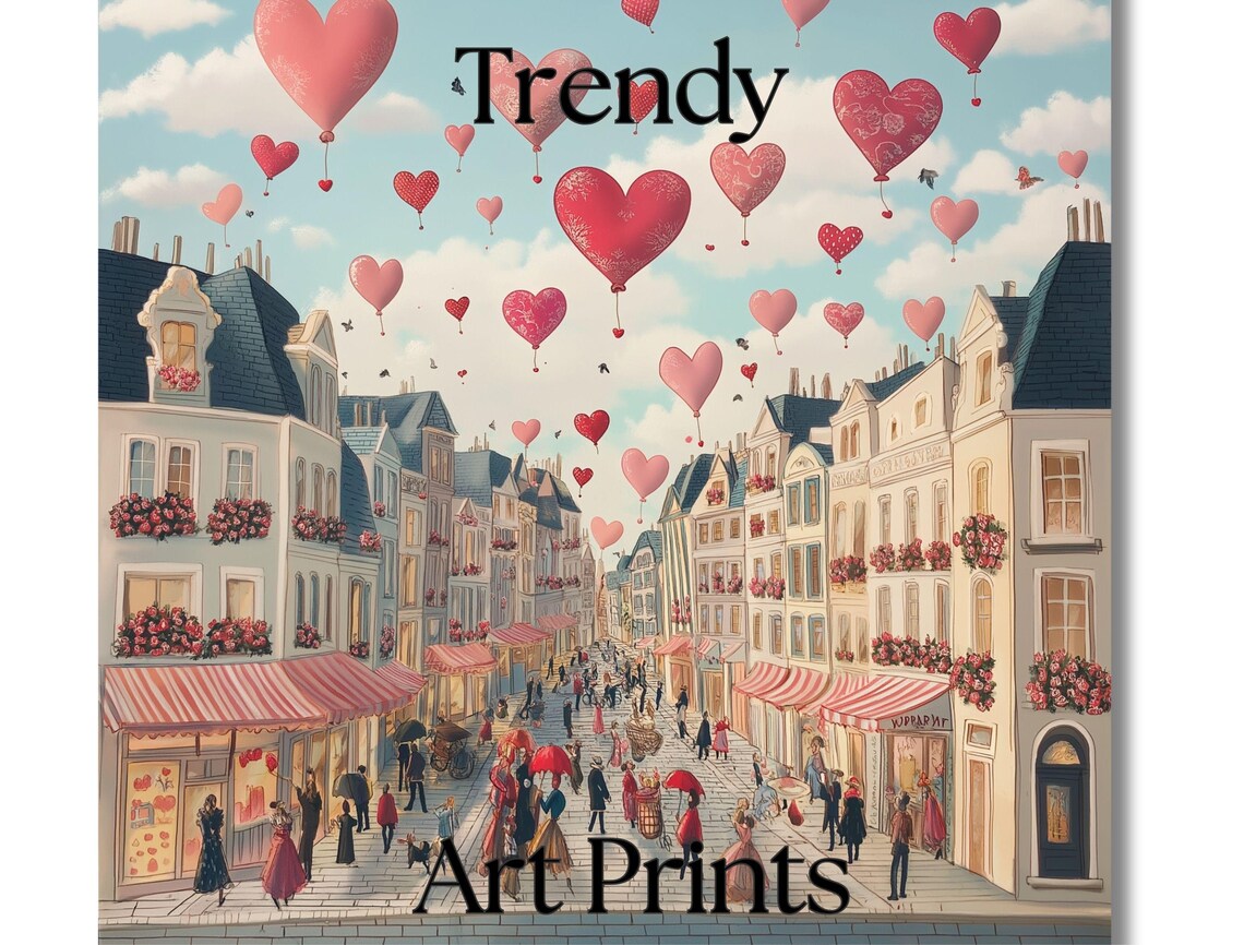 Parisian Street Heart Balloons Romantic City Scene Art Print - Image 3