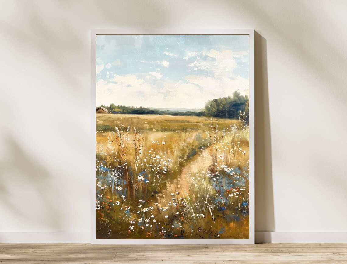 Vintage Golden Meadow Wildflower Landscape Oil Painting Print - Image 7