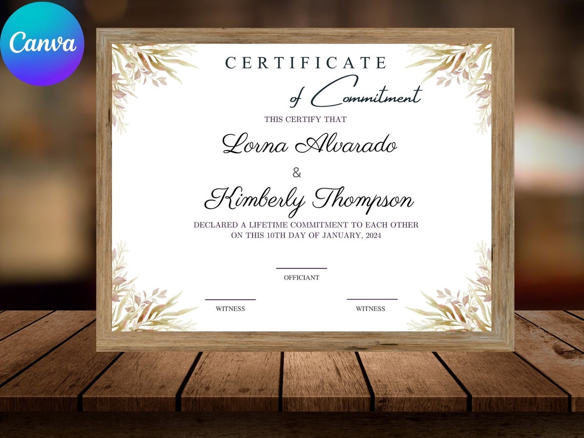 Certificate of Commitment Couple Lifetime Wedding Print Template