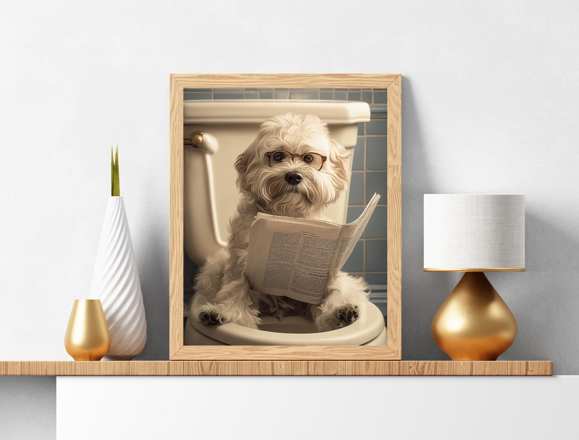 Funny White Dog Reading Newspaper on Toilet Vintage Bathroom Poster - Image 5