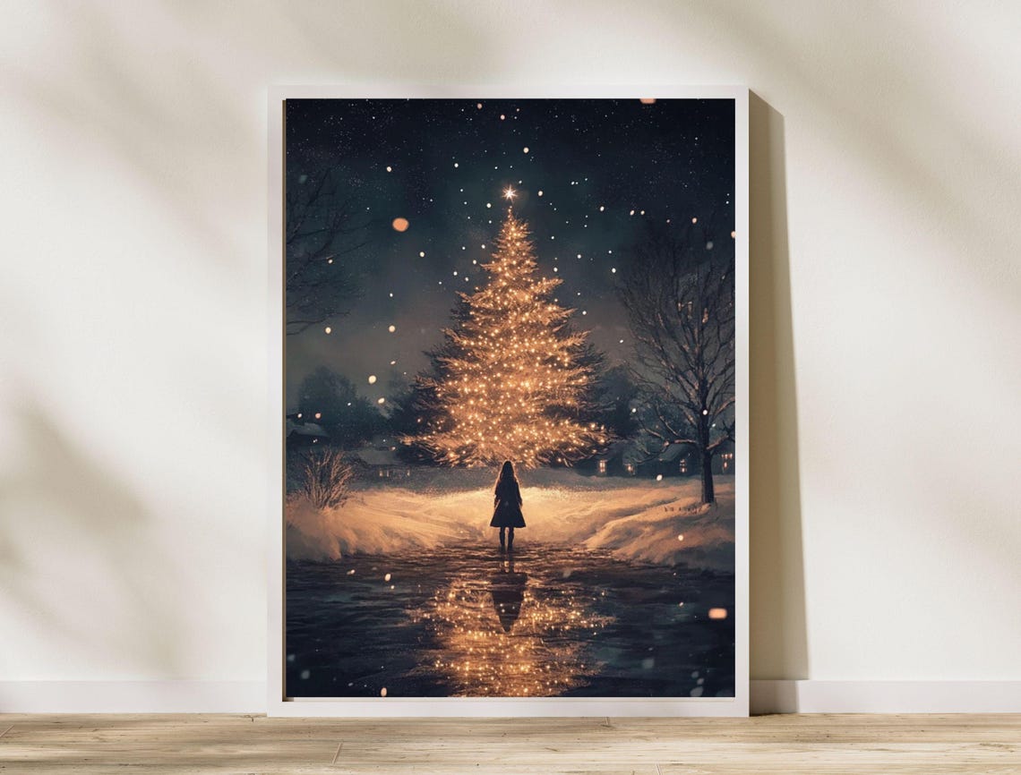 Girl Under Giant Glowing Christmas Tree Snowy Night Magical Poster - Image 8