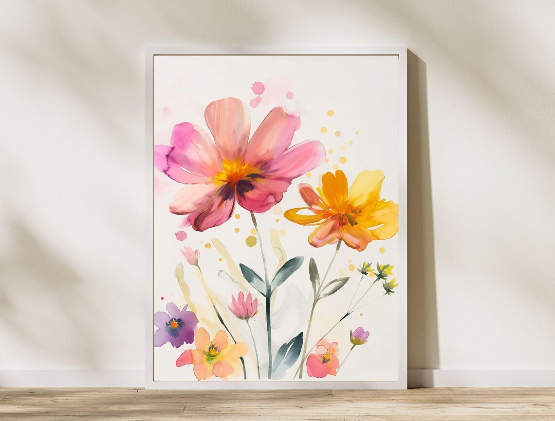 Pink Gold Beige Watercolor Wildflowers Boho Nursery Floral Poster