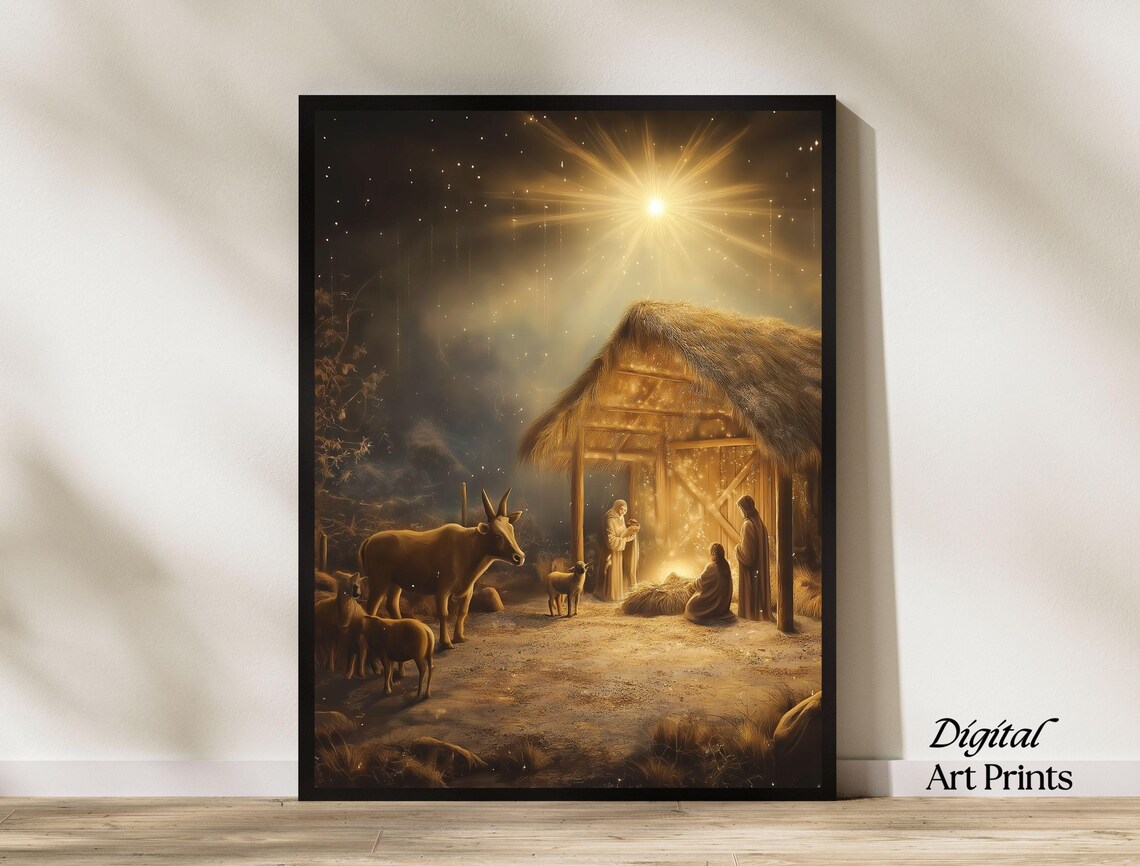 Holy Golden Nativity Scene Manger Star Night Christmas Art Print