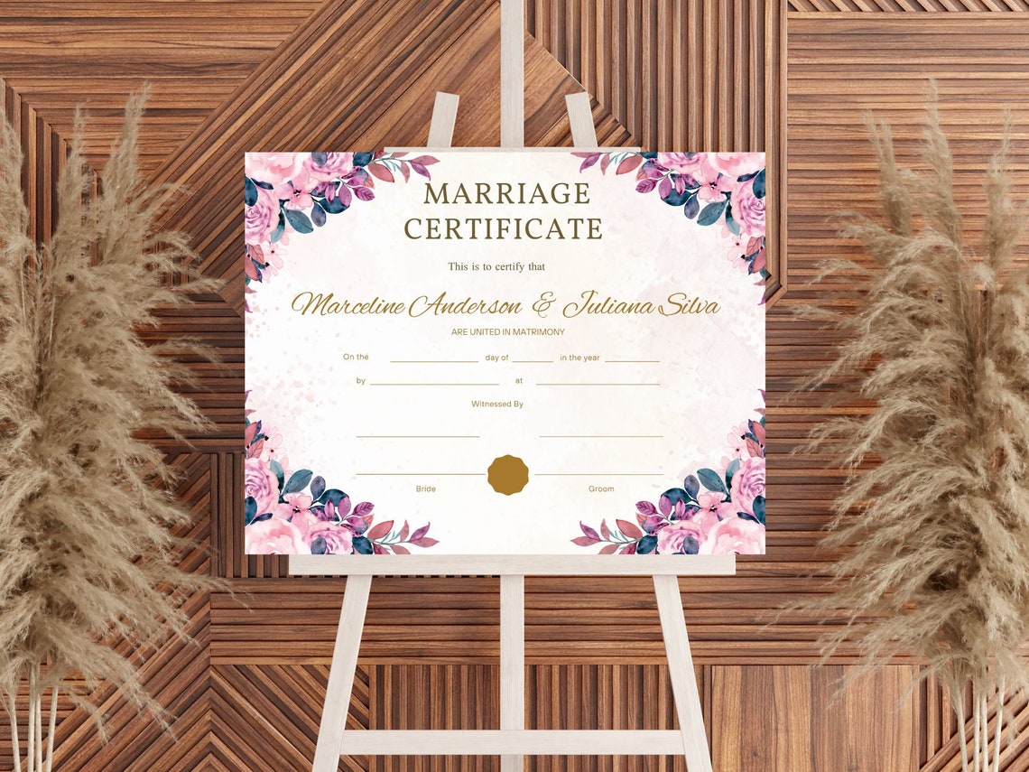 Editable Marriage Certificate Template Watercolor Floral Canva Print - Image 4